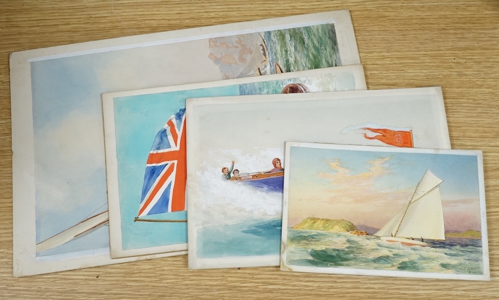 Charles Thomas Howard (1865-1942), four original watercolours for postcard designs, boating and yachting interest to include J Class Yachts Racing and Miss Britain Speedboat, two signed, largest 38 x 25cm, unframed. Cond